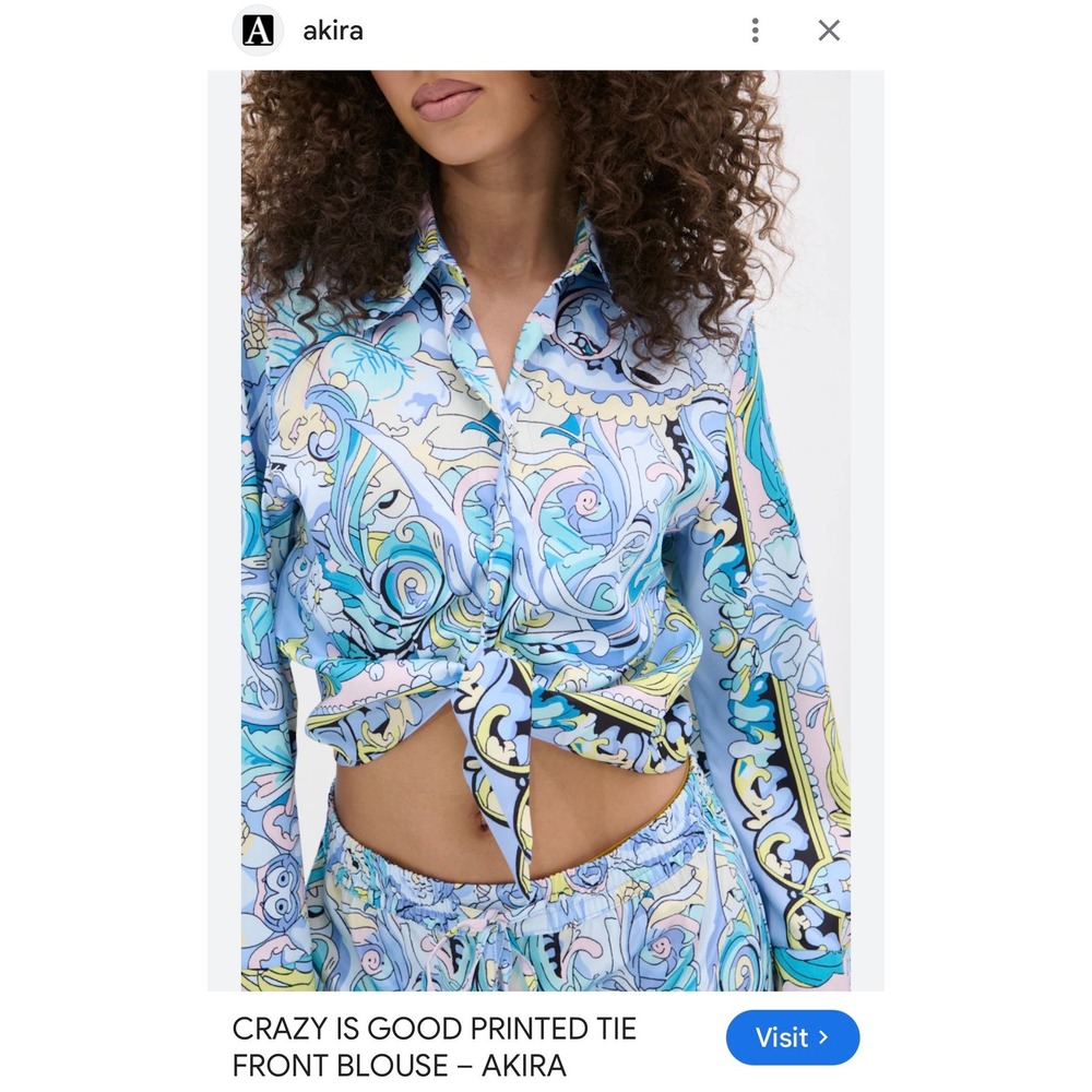Akira Womens 2X Blue AKIRA Label Crazy Is Good printed tie-front blouse